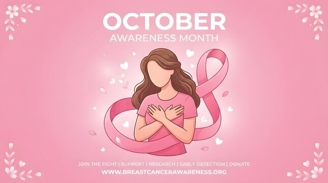 Breast cancer awareness month illustration of woman with pink ribbon for support hope