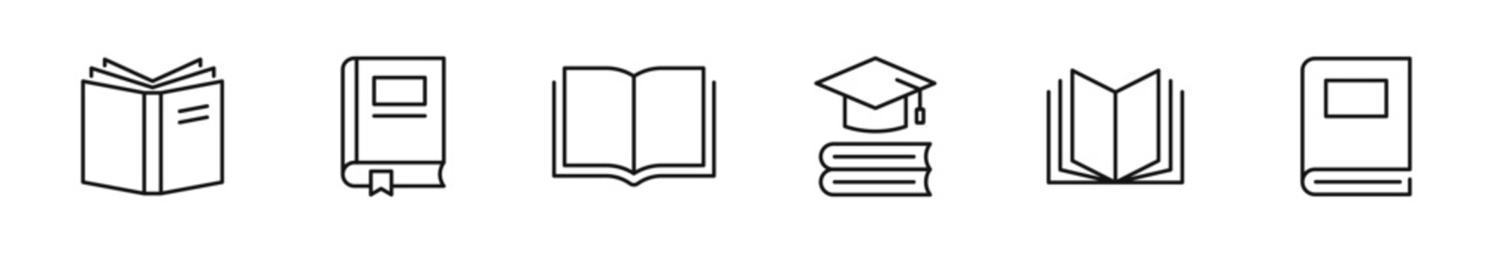 Book icon set. Reading icons in line style. Editable web icons for education, study, learning, science, library etc. Vector illustration.