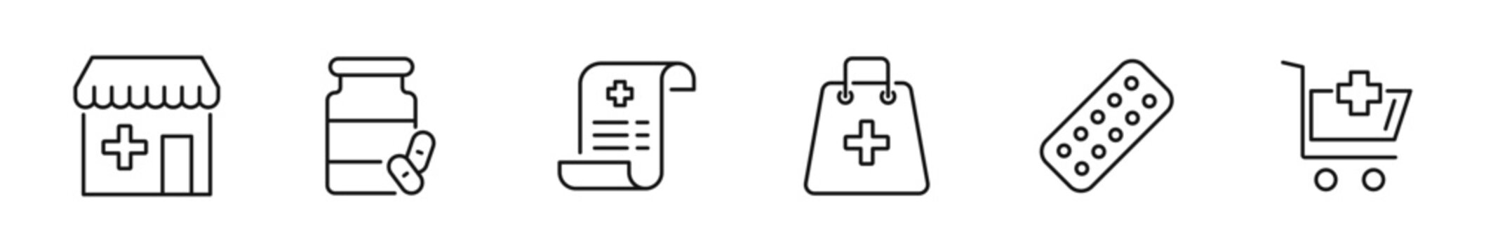 Pharmaceutical icon set. Pharmacy icons in line style. Editable web icons drug, medicine, prescription, tablet, capsule, dose, treatment, healthcare etc. Vector illustration.