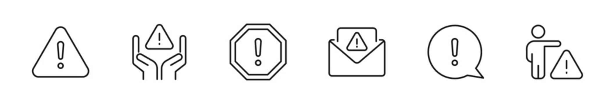 Warnings icon set. Emergency icons in line style. Editable web icons caution, danger, alert notification, exclamation mark etc. Vector illustration.