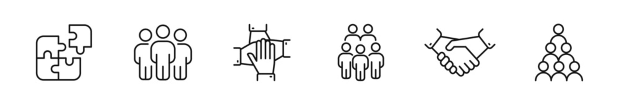 Team icon set. Teamwork icons in line style. Editable web icon cooperation, partnership, collaboration, work group, management, working together etc. Vector illustration.