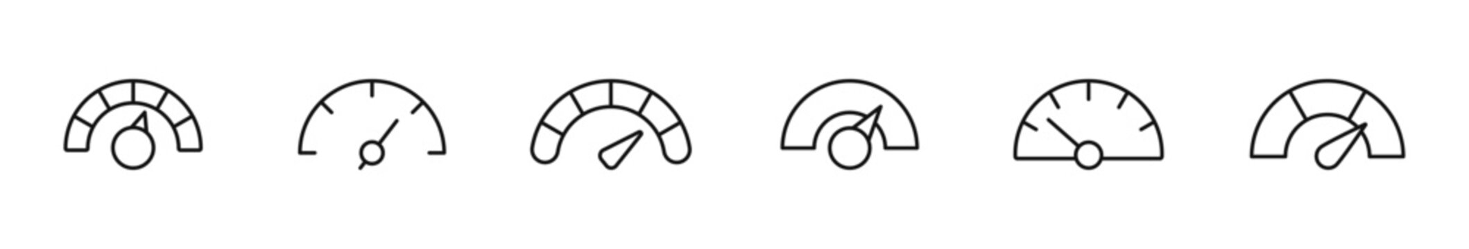 Speedometer icon set. Speed indicator icons in line style. Editable web icons gauge, dashboard, tachometer, scale. Vector illustration.