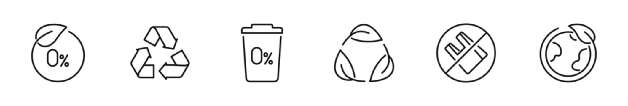 Zero waste icon set. Eco friendly icons in line style. Editable web icons recycling, waste management, composting, trash, composting, plastic free etc. Vector illustration.