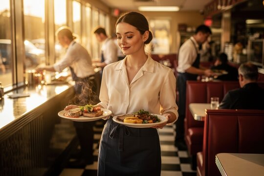 Charming Waitress Serving Delicious Meals in Retro Diner, Warm Golden Hour Light Streaming Through Windows, Bustling Atmosphere with Diners and Staff, Rich Red and Cream Color Palette, Capturing