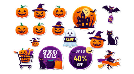 Fototapeta premium Halloween sale with pumpkins, bats, and witches on shopping cart deals