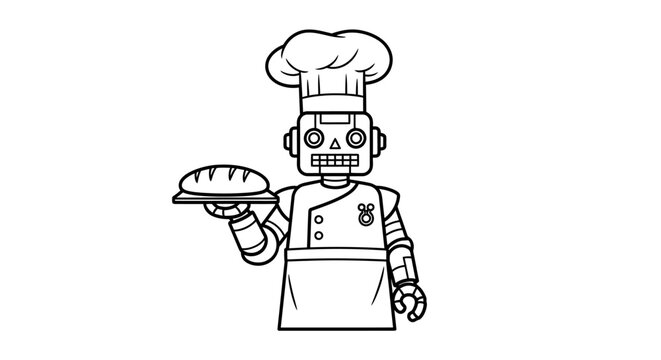 Cartoon robot chef wearing a tall hat and apron, holding a plate with a loaf of bread, black and white outline illustration
