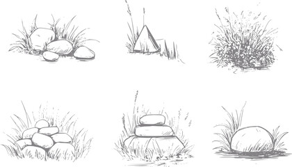 Obraz premium 天然の石、岩、野生の草原の草の様々な配置を描いた手書きのコレクション