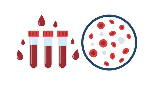 Three medical blood collection tubes with red liquid drops and a circle containing red blood cells and white elements on white.