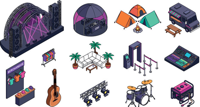 Isometric Music Festival Vector Set with Concert Stage, Glamping Dome, Campground Tents, Food Truck, Audio Mixer, and Instruments Icon Graphics