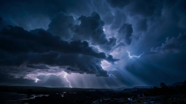 Massive rolling storm clouds sweep across a wide open landscape while multiple lightning strikes flash through the sky with realistic illumination and dramatic atmospheric effects.