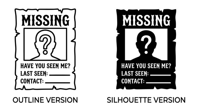 Missing Person Poster Icon: A graphic representation of a missing person poster, shown in both outline and silhouette versions, urging viewers to help find someone.