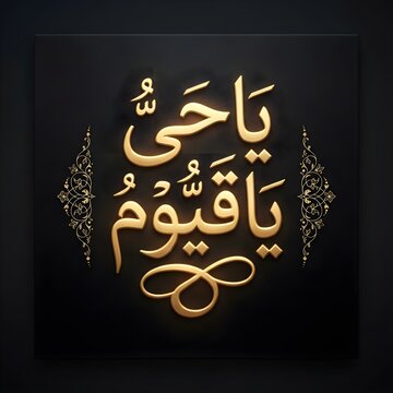 "Ya Hayyu Ya Qayyum Islamic Arabic Calligraphy Gold Text on Black Background"