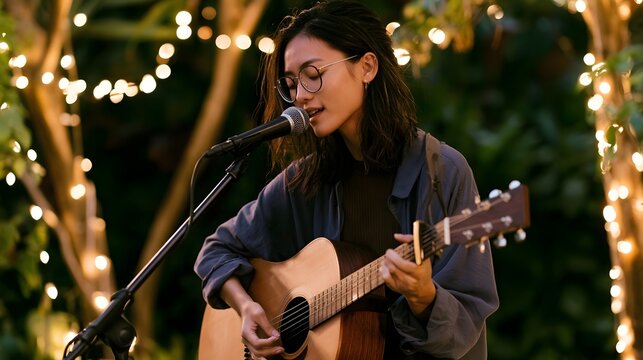 A young woman with glasses plays acoustic guitar and sings into a microphone outdoors at night surrounded by string lights