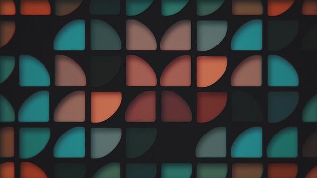 Retro 1970s style abstract background with a geometric pattern of blinking quarter circles in warm color tones. This stylish vintage motion background animation is HD and looping.