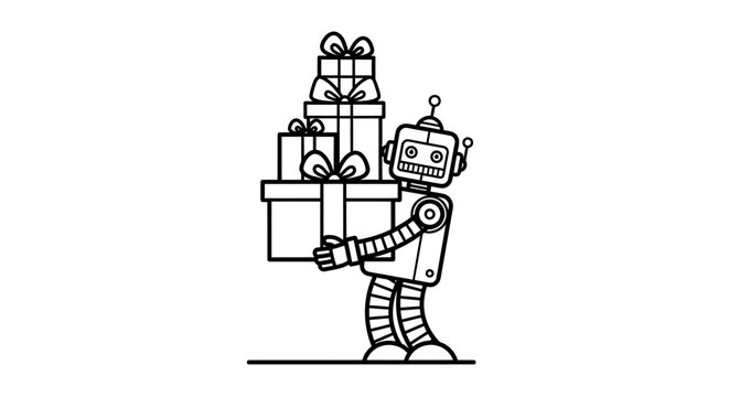 Cute cartoon robot carrying a stack of gift boxes tied with ribbons, symbolizing delivery and service