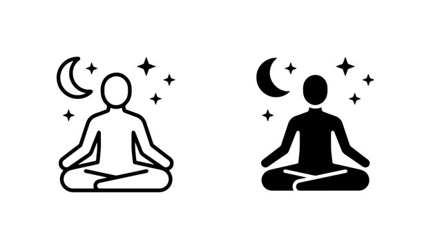 Meditating Person Icons: Serene Nighttime Yoga Pose, Calm Moon & Stars, Zen Mindfulness, Tranquil Silhouette, Peaceful Relaxation