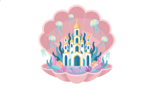 Magical castle inside a pink seashell surrounded by swimming glowing jellyfish and colorful underwater coral plants.