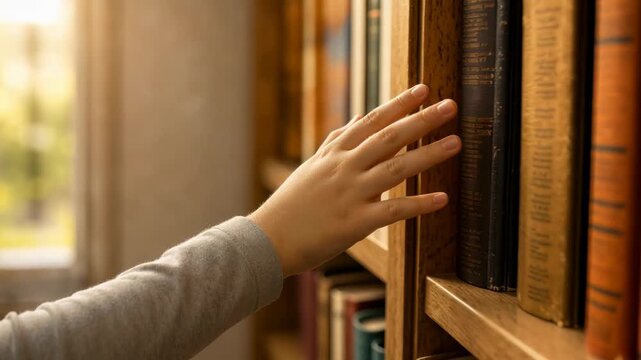 Close-up of a child's hand gently running across the spines of old vintage books on a wooden bookshelf in a library, bathed in warm sunset light. Concept of education, learning, and curiosity.