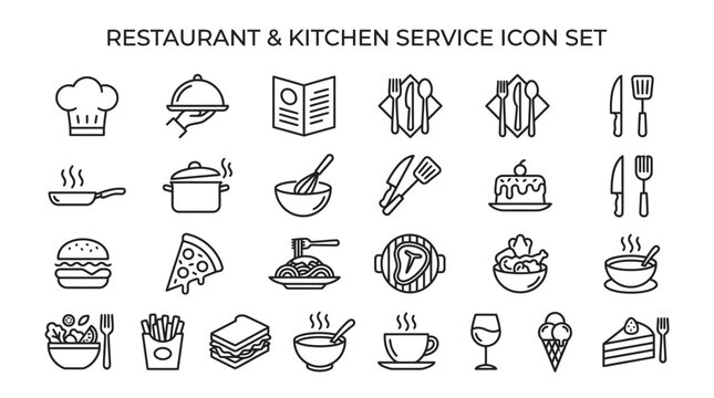 A set of restaurant and kitchen service icons on a white background