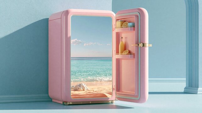 Open pink refrigerator revealing a tropical beach
