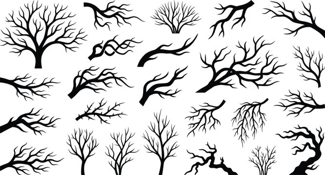 Black silhouette tree branches collection for halloween decorations and spooky graphic designs