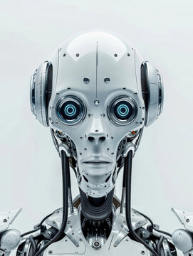 Detailed close-up of humanoid robot head and shoulders. Generative AI image