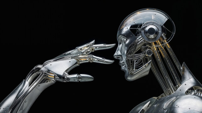 Futuristic robot with human face in a symbolic interaction. Generative AI image