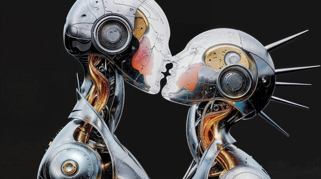 Intricate robot heads kissing each other in a mirrored pose. Generative AI image