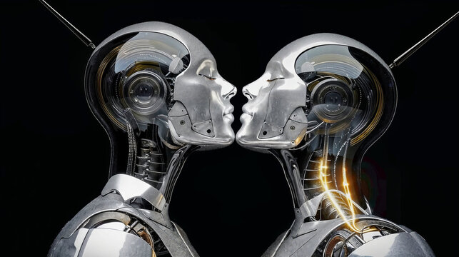Futuristic robots kissing in a romantic embrace. Generative AI image