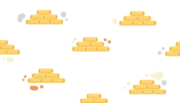Piles of yellow macaroni pasta neatly arranged in a simple pattern.