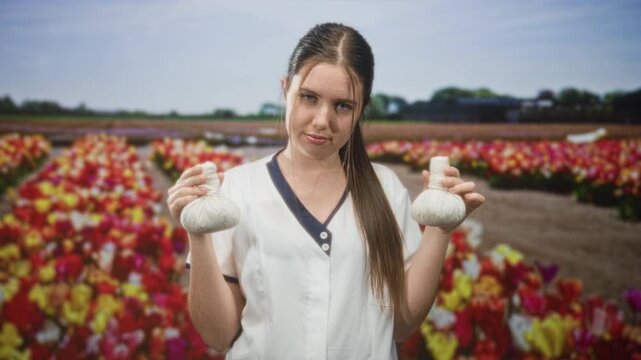 Woman beautician in white uniform holding two herbal compresses in both hands in a tulip field with rows of colorful flowers and dirt paths; calm wellness nature.