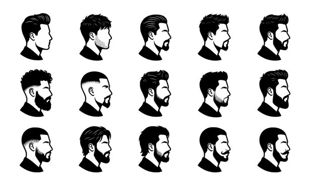Men Hairstyles and Beard Silhouette Profile Vector Icon Set