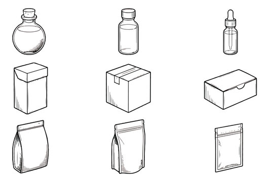 Minimalist product packaging vector set, 9 line art icons of bottles and boxes, cosmetic and shipping container mockups for branding design