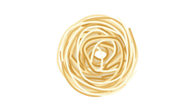 Circular nest of raw spaghetti noodles isolated on a white background showing texture and golden color.