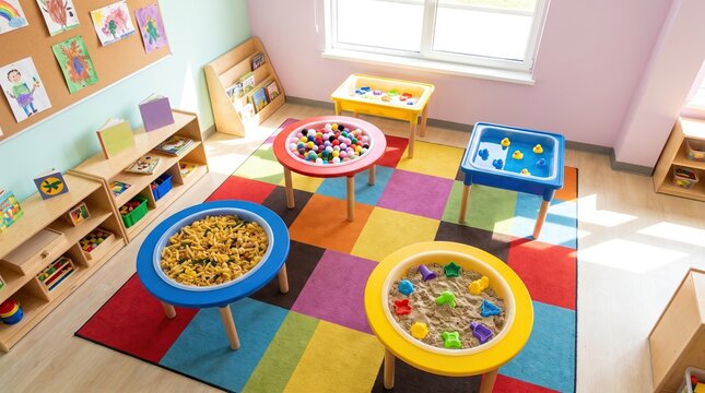 Colorful preschool sensory play area with activity tables on checkered rug, bright kindergarten classroom interior, early childhood education.
