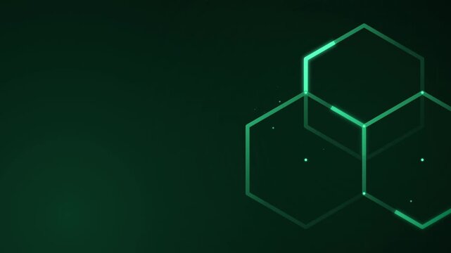 Digital hexagon network background with pulsing green geometric lines and floating particles for futuristic technology and data science visualization concepts with grid patterned background