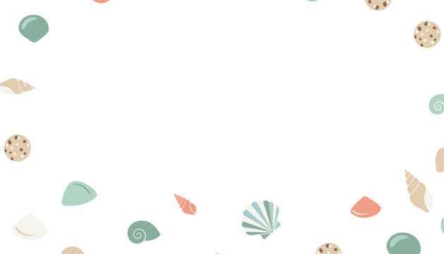Seashells and cookies forming a decorative border on a plain white landscape background.