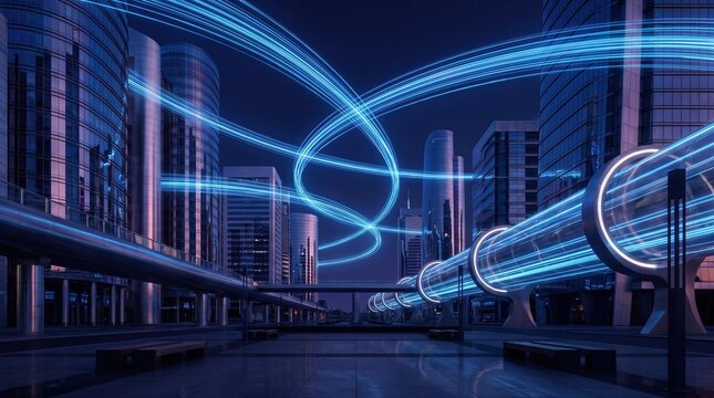 Futuristic city skyline at night with glowing blue light trails and hyperloop glass tunnel, smart city infrastructure, digital network connectivity.