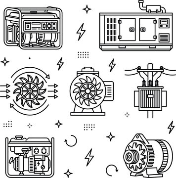 Industrial Power Generator and Backup Electrical Energy Equipment Line Icon Set with Portable Diesel Generators, Alternators, Turbines, and Transformer Symbols