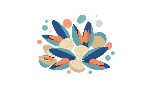 Seafood arrangement featuring colorful mussels and clams illustrated in a minimalist flat vector art style for culinary design projects.