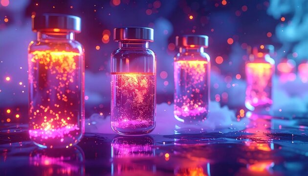 Glowing pink chemical vials with sparkling particles.