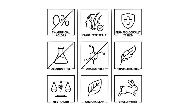 Skincare cosmetic claims line icons vector set for organic hypoallergenic and dermatologist tested product packaging