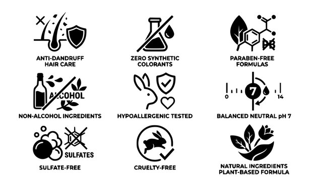 Cosmetic ingredients and dermatologically tested claim vector badges flat icon collection for product labels