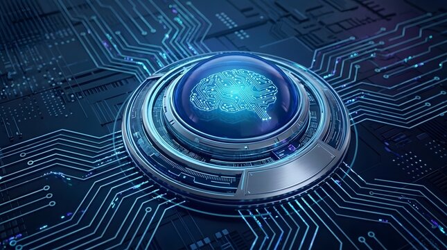 ​Advanced Artificial Intelligence Brain on Microchip Circuit Board Concept representing futuristic neural networks, machine learning, and deep learning data processing hardware