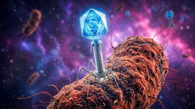 A glowing blue bacteriophage virus attaches itself to the surface of a rod shaped bacterial cell