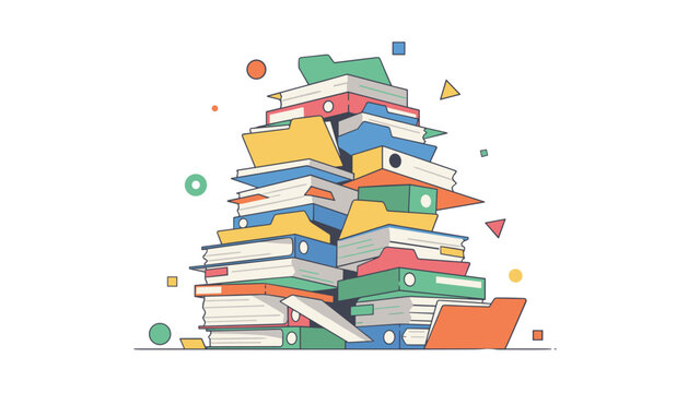 Colorful stack of document folders and papers representing a busy administrative or creative office environment.