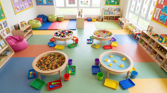 Spacious vibrant preschool classroom with sensory play tables, colorful rubber flooring and educational toy stations, nursery interior design, early childhood education.