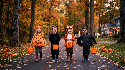 Obraz premium Children trick or treating on halloween in autumnal neighborhood