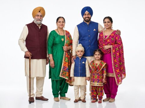 Happy Multigenerational Punjabi Family Standing Together in Traditional Clothing on White Background