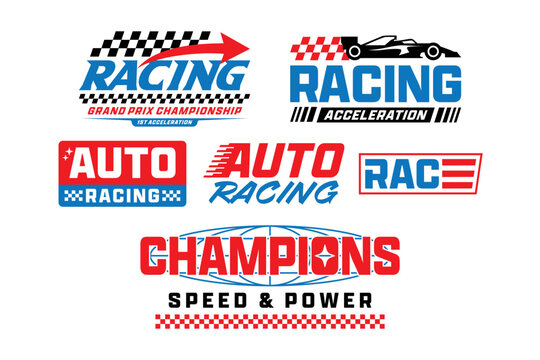Auto racing logo, racing badge with streetwear y2k style. y2k logo collection for branding mockups, digital design concepts, streetwear prints. Industry and brands logotypes. Vector graphic set